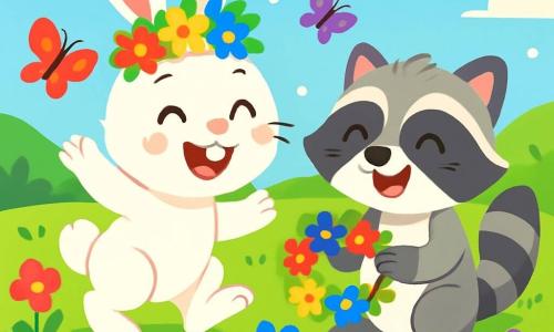 Un pequeño conejo llamado Tito, con un pelaje suave y sedoso de color blanco, grandes orejas erguidas y ojos brillantes de curiosidad, salta alegremente en un campo de flores multicolores, con una gran sonrisa en su rostro. A su lado, un mapache llamado Roco, con pelaje gris y rayas negras en la cara, muestra una expresión de alegría, sosteniendo una corona de flores que acaba de hacer. El lugar es un hermoso campo soleado, salpicado de flores brillantes de todos los colores: rojas, amarillas, azules y violetas, bajo un cielo azul claro con algunas nubes blancas y esponjosas. Tito y Roco están rodeados de mariposas coloridas que vuelan a su alrededor, añadiendo a la atmósfera festiva. La situación principal muestra a Tito y Roco riendo juntos, sentados en la hierba, llevando sus coronas de flores, celebrando la amistad y las aventuras del verano.
