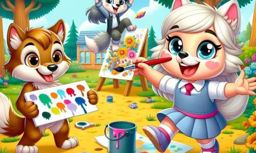 An illustration depicts a small female wolf with sparkling eyes and soft fur, expressing great joy and determination as she paints a colorful mural, holding a brush in her paw, surrounded by bright colors symbolizing creativity and equality. Next to her, a male wolf with brown fur and bright eyes smiles enthusiastically while holding a palette, looking proud and happy to be part of this artistic adventure. A silver-furred female wolf climbs a tree, watching with admiration and excitement, ready to share her creative ideas. The main setting is a schoolyard in nature, surrounded by tall green trees and colorful flowers, with a ground covered in golden leaves and a bright blue sky, creating a joyful and inspiring atmosphere. The scene shows the young wolves collaborating to create a mural celebrating their unique talents, illustrating the importance of gender equality and personal expression, with brushes, paint pots, and sketches scattered around, adding a dynamic touch.