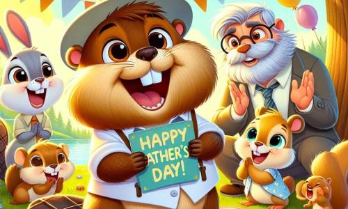 Tito, un pequeño castor de grandes dientes y pelaje marrón, irradia alegría mientras se encuentra en el centro de un claro soleado, rodeado de su familia y amigos. Lleva un pequeño sombrero de fiesta colorido y sostiene un gran cartel que dice "¡Feliz Día del Padre!", con una amplia sonrisa en su rostro. A su lado, Don Castor, un castor mayor con pelaje gris y gafas redondas, mira a su hijo con ojos brillantes de orgullo y emoción, mientras se prepara para abrazar a Tito. Lulú, una pequeña ardilla de ojos chispeantes y cola esponjosa, trepa por una rama cercana, riendo y aplaudiendo con entusiasmo. Rufi, un adorable conejo de grandes orejas y pelaje blanco, está sentado en la manta, sosteniendo un plato de deliciosas golosinas, con una sonrisa de satisfacción en su rostro. El lugar es un hermoso jardín del Bosque Alegre, lleno de flores coloridas, grandes árboles con hojas verdes y un cielo azul brillante. Una suave brisa hace danzar las hojas, y los pájaros cantan alegremente en las ramas. La situación principal muestra a Tito y sus amigos organizando un picnic sorpresa para Don Castor, con risas, juegos y un ambiente festivo, celebrando juntos el amor y la alegría del Día del Padre.