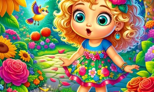 Uma menina de 6 anos, Sofia, com cabelos cacheados e dourados, grandes olhos maravilhados, está no meio de um jardim exuberante. Ela usa um vestido florido e sandálias, seu rosto radiante de curiosidade e empolgação. A seus pés, uma pétala dourada brilha ao sol, chamando sua atenção. Perto dela, um passarinho de penas multicoloridas canta alegremente em um galho, observando Sofia com olhos travessos. O jardim está cheio de flores vibrantes, rosas vermelhas e girassóis gigantes, com borboletas voando ao redor, criando uma atmosfera mágica. Sofia, fascinada pela pétala dourada, se prepara para seguir uma misteriosa trilha de pétalas que serpenteia pelo jardim, seu coração batendo de emoção pela aventura que a espera.