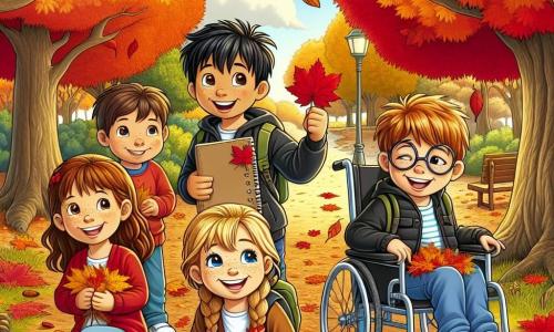 Em um parque no outono, quatro crianças estão reunidas. Tomás, um garoto de 8 anos com cabelos castanhos bagunçados e um sorriso radiante, segura um caderno cheio de desenhos de folhas coloridas. À sua direita, Miguel, um menino de 9 anos com óculos e cabelos negros, está sentado em sua cadeira de rodas, segurando uma bolota e sorrindo alegremente. À esquerda, Sofia, uma menina de 7 anos com longos cabelos loiros trançados, admira uma folha vermelha que encontrou, enquanto Lucas, um garoto de 8 anos com cabelos castanhos e sardas, se agacha para pegar folhas douradas. O parque está cheio de árvores majestosas com folhas vibrantes em tons de vermelho, laranja e amarelo. O chão está coberto por uma espessa camada de folhas secas, e o céu é azul claro, salpicado de nuvens fofas. As crianças exploram alegremente o parque, descobrindo a beleza do outono, enquanto coletam folhas e compartilham suas descobertas em um espírito de amizade e curiosidade.