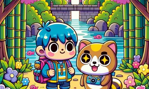 A bright blue backpack named Benny stands in the center of the image, displaying a look of wonder and curiosity. It is surrounded by colorful clothes and a small camera attached to its zipper. Next to it, an adorable tanuki named Taro, with brown fur and sparkling eyes, joyfully smiles while showing Benny a secret path. They are in a peaceful garden filled with cherry blossom trees with pink petals, and a small pond where colorful koi fish swim. The scene depicts Benny and Taro discovering an ancient temple hidden behind bamboo, illuminated by the soft light of the setting sun, symbolizing adventure and friendship.
