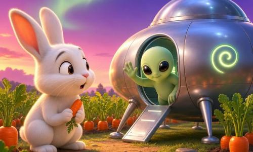 A soft white anthropomorphic rabbit with round eyes and fine whiskers crouches by rows of bright orange carrots, holding a small shiny carrot; a small round silver saucer rests in the garden on three little legs with an open door and a glowing spiral symbol emitting a soft green light, a chubby pale-green friendly alien with big black eyes and a shy smile leans half out and waves with a three-fingered hand; the evening sky is violet-pink with a faint green aurora, a few stars and a round moon, the field has neat carrot rows, tall green tops, mint-colored grass, some flat stones and a small mound of fresh earth, warm soft light casts long shadows and metallic and orange reflections on the ship and the rabbit, creating a calm, magical, slightly comic friendly encounter.