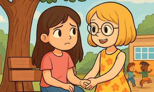 Há 2 personagens principais: - Clara: uma menina de 10 anos, com longos cabelos castanhos e olhos brilhantes. Ela usa uma camiseta rosa e um jeans, sentada em um banco de madeira sob um grande carvalho, com uma expressão pensativa. - Sofia: uma menina de 10 anos, com cabelos loiros curtos e óculos redondos. Ela usa um vestido florido e está em pé ao lado de Clara, segurando sua mão com um sorriso encorajador. O local da cena principal é um parque escolar, com árvores majestosas, folhas verdes dançando ao vento e um chão de terra batida. Ao fundo, vê-se outras crianças brincando, criando uma atmosfera alegre e animada. A situação principal da história mostra Clara e Sofia conversando sobre suas emoções, sentadas no banco, cercadas por risadas de crianças, enquanto o céu está levemente nublado, simbolizando as preocupações de Clara.