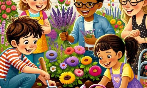 En un jardín colorido, cinco niños se reúnen para plantar flores. Lucas, un niño de 10 años con cabello castaño y una sonrisa traviesa, sostiene una pequeña pala y ríe mirando a sus amigos. Marta, una niña de 9 años con cabello largo y rubio, se inclina hacia adelante sembrando semillas de lavanda con concentración. Diego, un niño de 10 años con gafas y cabello negro, está sentado en su silla de ruedas, sonriendo mientras observa las abejas alrededor de las flores. Sofía, una niña de 8 años con trenzas y un vestido colorido, riega las plantas con una regadera rosa, llena de energía. La profesora Elena, una mujer de unos treinta años con cabello castaño y gafas, los anima con una gran sonrisa, sosteniendo un cartel que dice "Jardín de la comunidad". El jardín es un lugar encantador, lleno de flores brillantes de todos los colores: rosas, amarillas, violetas y azules. Las mariposas danzan alrededor de las flores y el sol brilla en el cielo azul, creando un ambiente alegre y primaveral. Los niños trabajan juntos, riendo y compartiendo historias, mientras plantan flores para crear un jardín comunitario que atraerá a las abejas y mariposas, simbolizando el espíritu de la primavera.