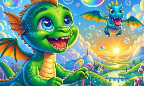 En un cielo azul brillante, un dragón llamado Mateo, un joven dragón verde con escamas brillantes y ojos llenos de curiosidad, se eleva alegremente en el aire, sonriendo ampliamente mientras sopla burbujas de jabón de colores que flotan a su alrededor. A su lado, Rufus, un dragón azul brillante con alas centelleantes, salta de alegría, sus ojos redondos llenos de emoción, mientras intenta atrapar una burbuja gigante que brilla como un arcoíris. En el fondo, Zippy, un pequeño dragón con alas multicolores, ríe a carcajadas, sosteniendo una gran máquina de burbujas que proyecta pompas de todos los tamaños, añadiendo un toque de magia a la escena. El escenario es un paisaje de cuento de hadas, con colinas de caramelos, árboles de piruleta y un lago de limonada burbujeante, todo bañado por la luz dorada del sol poniente. La situación principal muestra a los tres dragones en plena fiesta de burbujas, riendo y jugando juntos, creando una atmósfera alegre y lúdica, llena de colores vivos y felicidad.