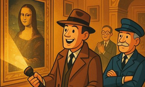 Een mannelijke detective rond de veertig, vierkant gezicht, lange bruine jas en fedora, verbaasde blije uitdrukking, houdt een felle zaklamp en onthult een groot stoffig schilderij achter een verborgen deur; een museumwachter van ongeveer 60, grijs haar en snor, gerimpeld gezicht, marineblauw uniform, staat rechts van de detective met armen over elkaar en een opgeluchte blik naar het schilderij; de directeur van het museum, ongeveer 45, donker groen pak en stropdas, ronde bril, klapt zachtjes op de achtergrond bij een antiek bureau; interieur: grote zaal met okerkleurige muren, gouden art-deco lijsten, zwart-wit dambordvloer, houten planken en uitgelijnde ingelijste doeken, fijne stofdeeltjes verlicht door warme lichtstralen; hoofdscène: de verborgen deur opent op een iets verbleekt renaissanceschilderij waarvan verfkrasjes en stukjes pleister vallen en de zaklamp gouden schittering op het frame creëert, sfeer van magische, geruststellende ontdekking; grafische stijl: nette lijnen, warme contrasterende kleuren, zichtbare texturen (stof, hout, doek), compositie gecentreerd op de detective en het schilderij.