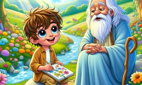 Un ragazzo di 8 anni di nome Leo, con i capelli castani arruffati e grandi occhi brillanti, è seduto su una pietra accanto a un ruscello scintillante. Sorride curiosamente, tenendo un piccolo quaderno in cui disegna fiori colorati. Accanto a lui c'è un uomo anziano, il Saggio, con una lunga barba bianca e un mantello blu che brilla come il cielo. È seduto pacificamente, guardando Leo con benevolenza, mentre tiene un bastone da passeggio decorato con motivi naturali. Il luogo è un giardino incantevole, pieno di fiori vivaci di tutti i colori, circondato da colline verdi e alberi maestosi. Il sole splende dolcemente, creando un'atmosfera calda e accogliente. La scena principale mostra Leo mentre fa domande al Saggio, discutendo delle emozioni e dei giardini interiori, simboleggiando la ricerca di saggezza e comprensione in un mondo colorato e magico.