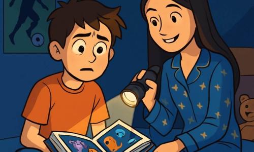 A 12-year-old boy with messy brown hair and large, curious eyes sits cross-legged on his bed. His face shows slight worry, with furrowed brows and a slightly open mouth, as if he is pondering something important. He holds an open book on his lap, featuring colorful illustrations of nocturnal creatures. Next to him, his 15-year-old sister, with long, smooth hair, wears star-patterned pajamas. She smiles gently, sitting on the edge of the bed, holding a small flashlight that illuminates the book, casting shadows in the room. The room is decorated with soccer posters, stuffed animals, and star-shaped stickers on the ceiling. The bedside lamp emits a soft yellow glow, while darkness surrounds, making the corners of the room mysterious. The main scene shows the boy, a bit nervous but curious, ready to face his fears by reading his book, while his sister encourages him with a reassuring smile, lighting up their small world with the flashlight.