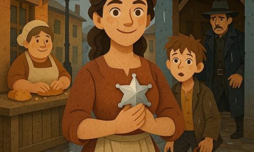 Mujer adulta (Clara, ~25–30 años), rostro decidido y dulce, ojos vivos, manos con tierra, sostiene orgullosa una estrella de sheriff metálica brillante contra el pecho; niño (Tom, ~11–12 años) con expresión asombrada y empapada, cabello despeinado, sostiene una pequeña cartera y se sitúa detrás a la derecha; mujer mayor (Maribel, ~55–60 años) de figura redondeada, manos enharinadas, mirada benigna, a la izquierda junto a un mostrador de panadería de madera; hombre (Sheriff Danton, ~40–45 años) sorprendido y apenado, abrigo oscuro goteando lluvia, retrocede hacia la sombra de un pórtico; plaza del pueblo mojada tras la lluvia con adoquines embarrados, charcos reflectantes, fachadas de madera en ocre, ladrillo y azul desteñido, farol de aceite encendido y un letrero de madera tallada “Panadería”; composición centrada en Clara en tres cuartos con secundarios en semicírculo, estilo de papel recortado con capas y texturas visibles y bordes algo rasgados; colores contrastados: tonos cálidos para los habitantes (marrones, óxidos, amarillos) y fríos para el cielo (gris-azul), brillo metálico de la estrella como punto focal luminoso; ambiente de victoria serena y justicia restablecida, detalles nítidos (gotas de agua, migas de pan en el mostrador, una pequeña sacola abierta con sello bancario en el suelo).