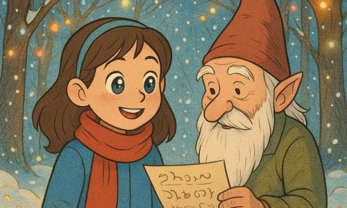 Una niña de 8 años, llamada Sofía, con ojos brillantes como el cielo estrellado y una bufanda roja, está de pie en un claro de bosque nevado, con una sonrisa maravillada en el rostro. Un viejo duende, con barba blanca y un sombrero puntiagudo, está a su lado, hablándole con una expresión sabia y amable. El duende está ligeramente inclinado hacia Sofía, mostrando un papel con palabras misteriosas. A su alrededor, el suelo está cubierto de nieve dorada y las ramas de los árboles brillan con luces de colores, creando una atmósfera mágica y de ensueño. La escena principal muestra a Sofía descubriendo el mensaje del duende, rodeada del resplandor encantador del paisaje invernal.