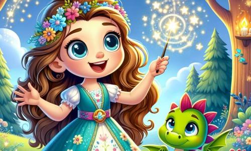 Al centro dell'immagine, Bella, una giovane strega di 10 anni, sorride meravigliata. Ha lunghi capelli ricci di un marrone dorato e indossa un vestito colorato decorato con motivi floreali e stelle. In una mano tiene un grande libro di magia con pagine illuminate, mentre con l'altra agita una bacchetta magica scintillante circondata da piccole scintille. Accanto a lei, Drago Verde, un drago amichevole di colore verde, è appoggiato a terra. Ha grandi squame brillanti e occhi dolci e maliziosi. Drago Verde guarda Bella con ammirazione, con le ali leggermente spiegate, pronto a volare al suo fianco. Il contesto è una radura incantata, circondata da alberi maestosi con foglie argentate che brillano al sole. Fiori colorati crescono ovunque e un dolce vento fa danzare i petali. Sullo sfondo, un cielo azzurro chiaro è punteggiato di nuvole soffici. La scena principale mostra Bella mentre esegue un'incantesimo magico, facendo sbocciare un campo di fiori multicolori intorno a lei, mentre Drago Verde la incoraggia con uno sguardo orgoglioso. L'atmosfera è gioiosa e piena di magia, catturando lo stupore di una giovane strega in piena avventura.