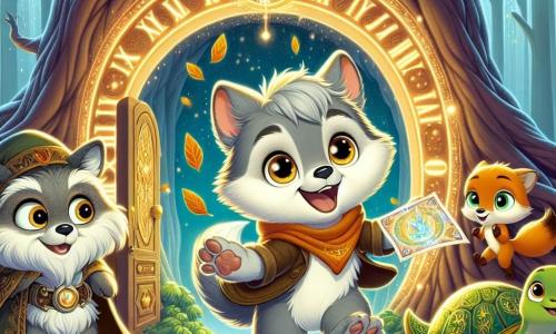 En el centro de la imagen, un pequeño lobo llamado Lulú, con un suave pelaje gris y ojos brillantes como estrellas, salta de alegría con una gran sonrisa en su rostro, sosteniendo una carta mágica entre sus patas. A su derecha, un astuto zorro llamado Zuri, con un brillante pelaje naranja y una cola esponjosa, observa emocionado, listo para activar la máquina del tiempo. A la izquierda, una sabia tortuga llamada Tula, con un caparazón verde adornado con patrones dorados, sonríe con benevolencia, sosteniendo hojas con sus patas delanteras. Al fondo, un gran árbol majestuoso con una puerta brillante en su base está rodeado de luces de colores que brillan como estrellas, mientras un pasaje luminoso se extiende hacia un salón mágico. La escena muestra el momento en que Lulú y sus amigos se preparan para entrar en la máquina del tiempo, ansiosos por comenzar su primera aventura para ayudar a los pájaros a construir sus nidos antes de una tormenta.