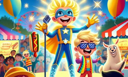 Glimmer, a superheroine with shiny hair and sparkling eyes, stands at the center of the scene, her hands glowing with a soft golden light. She beams with enthusiasm as she creates a dazzling light show around her. Next to her is Chuckles, a cheerful 10-year-old boy in a colorful polka-dot costume and a hotdog-shaped hat, laughing heartily while holding a microphone, ready to tell a hilarious joke. In the background, Larry, a young llama wearing sunglasses and a colorful scarf, joyfully dances, adding a comedic touch to the scene. The vibrant park is filled with families and laughing children, with colorful balloons floating in the blue sky. Food stalls and festive decorations surround the stage, creating a joyful and lively atmosphere. The main scene features Glimmer and Chuckles captivating the audience with their comedic performance, while Larry dances and entertains everyone, turning the festival into a true celebration of laughter and light.