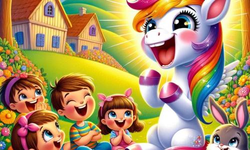 O unicornă veselă pe nume Lila, cu o coafură colorată ca un curcubeu și un corn strălucitor, stă în mijlocul scenei, râzând cu poftă. Ochii ei strălucesc de fericire în timp ce povestește o glumă unui grup de copii. Andrei, un băiat de 10 ani cu părul brun și ochi sclipitori, stă lângă ea, râzând din toată inima, cu un zâmbet larg care îi arată entuziasmul. Răzvan, un iepuraș cu urechi mari, este așezat pe iarbă, ascultând cu atenție, cu lăbuțele mici încrucișate și un zâmbet jucăuș pe față. Scena se desfășoară într-un sat fermecător și însorit, înconjurat de coline verzi și flori colorate, cu case din lemn cu obloane vopsite în culori vii. Copiii stau pe iarba moale, formând un cerc în jurul Lilei, creând o atmosferă caldă și veselă. Lila, unicornul, povestește o glumă amuzantă, iar toți copiii izbucnesc în râs, umplând aerul de bucurie și fericire, în timp ce soarele strălucește sus pe cerul albastru.