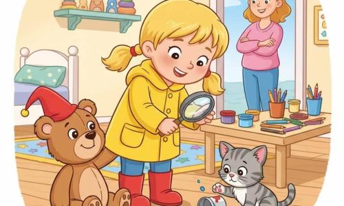A smiling, focused 4-year-old girl with blonde pigtails, wearing a yellow coat and red boots, holds a small magnifying glass over a blue button on the floor; a brown teddy bear with a small red hat sits beside her looking happy; a curious gray-and-white tabby kitten sits by an overturned paint jar with blue and red splashes; a gentle-faced woman in her 30s stands in the background by a door, smiling with arms crossed; bright children's bedroom with light wood floor, star-patterned rug, art table with paint pots and scattered crayons, and a small toy shelf; scene: the girl inspects clues (blue button, paint traces), kitten near the spilled paint, bear adjusting its hat—warm, playful atmosphere with vivid colors and rounded shapes.