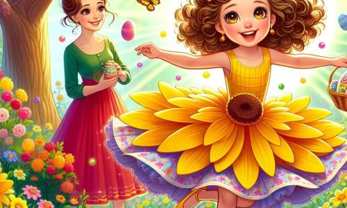 A 10-year-old girl named Lily, with big brown curls and sparkling joyful eyes, wears a yellow dress that twirls like a sunflower. She is dancing in a colorful garden, surrounded by vibrant flowers and floating balloons, her face radiating happiness. Beside her is her mother, a woman about 35 with brown hair tied in a bun, smiling while holding a basket filled with colorful Easter eggs. She stands slightly back, watching her daughter with pride and tenderness. The garden is a true living picture, with flowers of all colors, butterflies fluttering around, and a large oak tree at the center, decorated with multicolored ribbons. The scene shows Lily discovering a shiny egg hidden under a red tulip, her gaze amazed and curious, while sunlight illuminates the garden, creating a magical and joyful atmosphere.