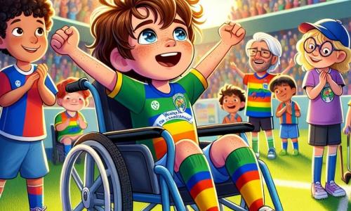 Un chico de 11 años, Lucas, está sentado en su silla de ruedas, sonriendo ampliamente. Tiene el cabello castaño desordenado, ojos brillantes de alegría y lleva una camiseta de fútbol colorida con el logo de su equipo, 