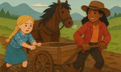 Die Cowgirl Mia, entschlossen und lächelnd, mit schlammfleckigem Gesicht, braunem Lederhut, abgenutzter roter Jacke und Lederstiefeln zieht eine schwere hölzerne Karre nach rechts; die etwa 9-jährige Ella, besorgt aber mutig, mit blonden geflochtenen Haaren und blauem Karohemd, schiebt leicht hinter Mia links; das kräftige Pferd Blitz mit zerzauster schwarzer Mähne stößt von hinten und bläst sichtbar; Szene auf einem schlammigen Wiesentrampelpfad nach Regen mit spiegelnden Pfützen und tiefen Fahrspuren, die drei kämpfen gemeinsam, mit energischen Bewegungen und aufspritzendem Schlamm, die warme Sonne bricht teilweise durch die Wolken.