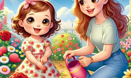 Una niña de 2 años, llamada Luna, con grandes ojos brillantes y cabello rizado castaño, está tocando flores coloridas en un jardín soleado. Lleva un vestido ligero con flores y muestra una gran sonrisa de alegría y asombro. Junto a ella, su mamá, una mujer de unos 30 años con cabello largo y liso atado en una coleta, está arrodillada, enseñándole a Luna a regar las plantas con una pequeña regadera rosa. Lleva una camiseta ligera y pantalones de mezclilla, sonriendo tiernamente a su hija. El jardín está lleno de flores brillantes: rosas rojas, margaritas blancas y tulipanes amarillos, bajo un cielo azul claro con algunas nubes blancas. Los pájaros cantan en los árboles, y el sol brilla, creando una atmósfera alegre y primaveral. La escena principal muestra a Luna y su mamá disfrutando de un hermoso día de primavera, cuidando las flores y compartiendo un momento de complicidad, rodeadas de la belleza de la naturaleza.