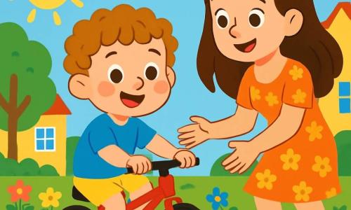 Een 4-jarig jongetje met krullend haar en roze wangen glimlacht trots. Hij draagt een felblauw T-shirt en een gele short, en zit op een kleine rode fiets, klaar om te trappen. Naast hem staat zijn moeder, een vrouw van rond de dertig met lang bruin haar, die hem aanmoedigt met een warme glimlach. Ze draagt een lichte bloemenjurk en staat naast hem, met de handen klaar om hem te ondersteunen. De scène speelt zich af op een rustige straat, omringd door groene bomen en kleurrijke huizen. De zon schijnt in een heldere blauwe lucht, en kleurrijke bloemen bloeien langs het trottoir. Het jongetje bereidt zich voor om voor het eerst te fietsen, met een uitdrukking van vastberadenheid en opwinding op zijn gezicht. Hij haalt diep adem, klaar om vooruit te gaan, terwijl zijn moeder hem met trots en aanmoediging observeert.