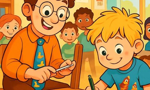 A cheerful male teacher, Mr. Jasper, wearing a blue tie decorated with dancing ducks, has slightly tousled brown hair and round glasses that give him a mischievous look. He is sitting on a wooden chair, holding a screwdriver, with an excited and curious expression on his face. Next to him, Max, an 8-year-old boy with messy blonde hair, is wearing a rocket-themed t-shirt and is leaning over a piece of paper, drawing a plan to fix the chair, with a focused smile. In the background, the bright classroom is filled with colorful books, drawings on the walls, and a large window letting in sunlight. The main scene depicts Mr. Jasper and Max solving the mystery of a squeaky chair, surrounded by curious classmates eager to join the adventure.