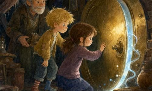 Six-year-old Maya, round-faced with brown pigtails and wide curious eyes, touches a small brass round door with her palm, awed and shy; six-year-old Leo, messy blond hair, mischievous grin and bright eyes, in mismatched socks stands just behind her with a hand on the handle, ready to enter. An old inventor (about 65) with gray hair, short beard, gentle eyes and a worn jacket with elbow patches watches from the workshop shadow holding a small mechanical box, benevolent. The dim, rain-lit attic has dark wooden beams, old boxes, a worn rug and a dusty curtain in which the brass round door is set; a pale blue ribbon of light coils along the floor. Maya and Leo have opened the door a millimeter and a halo of blue light swirls out with dust motes, creating a warm, magical atmosphere; visible details include golden reflections on the brass, wood grain, small paint cracks and biscuit crumbs on a nearby box.