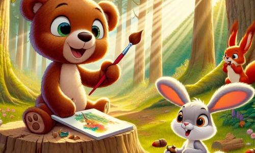 Un pequeño oso de peluche, con un suave pelaje marrón y ojos brillantes de curiosidad, está sentado sobre un tronco de árbol, sosteniendo un pincel en una pata y un cuaderno de bocetos en la otra. Sonríe ampliamente, lleno de entusiasmo, mientras pinta un paisaje colorido del bosque circundante. A su lado, una pequeña ardilla de pelaje rojo brillante, con ojos traviesos, observa con admiración a su amigo mientras come una avellana. Parece alegre y emocionada, lista para unirse a la aventura artística. Un poco más lejos, un conejo blanco con grandes orejas, con un aire concentrado, intenta mezclar colores en una paleta improvisada, mostrando una expresión de determinación. El lugar es una hermosa claridad soleada, rodeada de majestuosos árboles de hojas verdes brillantes, con flores silvestres de colores que bailan al viento. Rayos de sol filtran a través de las ramas, creando patrones luminosos en el suelo. La situación principal muestra a los tres amigos creando juntos una obra de arte inspirada en la belleza de la naturaleza que los rodea, compartiendo risas y momentos de complicidad en este entorno encantador.