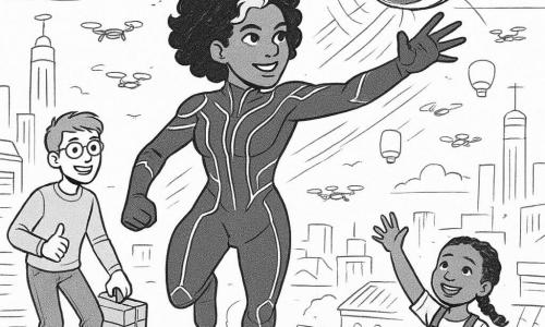 Heroine Nova Pulse, smiling but focused, curly black hair with a white streak, in a dark blue fitted suit with glowing silver lines, jumps from a rooftop toward a yellow-striped leader drone, arm outstretched and determined; a 14-year-old boy, Echo, with short hair and round glasses, stands on a hoverboard at left holding a small toolbox, enthusiastic and watching Nova; a smiling ~7-year-old girl with braided hair stands below on a repaired terrace waving to the sky; nighttime city rooftops and stylized towers, floating lantern beacons, low clouds and swarming drones form the background; dynamic high-altitude action as Nova reprograms the drone amid small drone swarms, light beams and graphic waves of dissipating interference; style: fine ink lines, strong contrasts, hatched sky textures, detailed costumes and drone mechanics, composition focused on movement and teamwork.