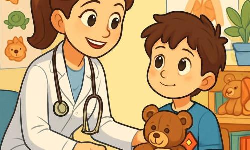 O medică, doctora Ana, este reprezentată cu un zâmbet cald și ochi strălucitori de bunătate. Are părul castaniu, prins într-o coadă de cal îngrijită, și poartă un halat alb impecabil cu un stetoscop la gât. Este așezată lângă un băiat de 8 ani, Radu, care are ochi mari și curioși, ținând strâns un ursuleț de pluș. Radu are părul castaniu în dezordine și poartă un tricou albastru cu motive de supereroi. Cabinetul medical este luminos și primitor, cu pereți vopsiți în galben pastel, decorați cu desene colorate de animale și postere educaționale. Biroul din lemn deschis este plin de jucării de pluș și cărți pentru copii. Situația principală o arată pe doctora Ana explicându-i lui Radu cum să aibă grijă de el, încurajându-l cu blândețe. Radu ascultă cu atenție, un zâmbet ușor începând să apară pe fața lui, în timp ce un sentiment de siguranță și confort îl cuprinde.