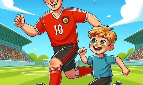Un bărbat, Radu, un jucător profesionist de fotbal, este în centrul imaginii. Are părul brun și scurt, poartă un tricou roșu aprins cu numărul 10 și zâmbește cu bucurie și entuziasm. Driblează o minge de fotbal pe teren, cu picioarele în mișcare rapidă, arătându-și pasiunea pentru joc. Lângă el, un băiat de 8 ani pe nume Alex, cu părul blond și ochi strălucitori, îl privește pe Radu cu admirație. Ține o minge de fotbal mică în mâini și poartă un tricou albastru și șort negru. Alex este ușor în retragere, pregătit să încerce să lovească mingea, cu fața plină de entuziasm. Scena are loc pe un teren de fotbal verde, înconjurat de tribună plină de spectatori veseli. Cerul este albastru cu câteva nori albi, iar soarele strălucește, creând o atmosferă caldă și dinamică. Situația principală arată cum Radu îi învață pe Alex să joace fotbal, cu gesturi încurajatoare și râsete, simbolizând transmiterea pasiunii și prieteniei între cei doi.