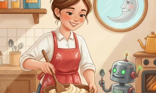 A smiling gentle female chef with brown hair in a bun and a flour-stained red apron stirs a creamy bowl on a wooden table with a large wooden spoon while a small shiny robot named Bleep, silver with green lights and a small spoon for a hand, blinks at the bowl to her right at table height; a friendly smiling moon peeks through a round window upper-right, softly lighting the cozy kitchen with cream walls, a wooden shelf, a large blue flour jar and morning sun rays on the counter; on the table are heart- and star-shaped cookie cutters and a tray of golden cookies near the oven—the woman slowly stirs vanilla dough as the robot watches and offers a spoon, the scene feeling sweet and convivial with warm colors and soft contrasts.
