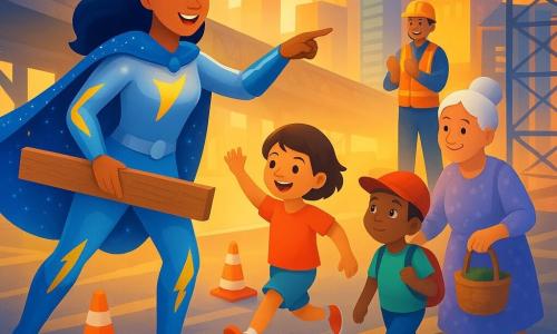 Energetic smiling heroine in a silver-and-blue suit with yellow lightning accents and a sparkling cape holds a wide wooden plank and points the way as she creates a zigzag safe passage of planks and bright orange cones on a large bridge under construction at golden dusk; an 8-year-old girl with short hair and colorful clothes jumps along the zigzag following light cones, a 7-year-old boy in a red cap and small backpack walks carefully toward the heroine, and a 70-year-old grandmother with gray hair in a bun and a patterned dress crosses with a shopping basket while supported by the heroine; a construction worker in his thirties with an orange helmet smiles and applauds from the scaffolding amid colorful city skyscrapers—joyful, dynamic scene with vivid colors, strong contrast, smooth shiny textures, composition centered on the heroine.
