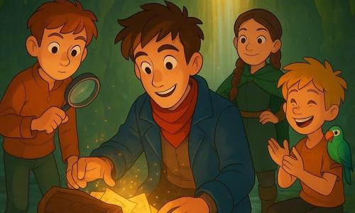 A brave young man (about 18–22), tousled brown hair, worn blue sailor jacket and red scarf, kneels smiling before a small carved wooden chest he opens with glowing fingers; ancient papers and letters gleam in wet light. A clever boy, Jasper (≈12), red hair and freckles, stands left with a magnifying glass, focused and curious. A courageous girl, Molly (≈13), braided brown hair, muddy boots and green cloak, stands behind with hands on hips, proud and protective. A jovial boy, Sam (≈11), messy blond hair, sits on a rock to the right applauding, a small colorful parrot on his shoulder. Setting: a cave behind a waterfall with mossy walls and glittering stalactites, wet silver-reflective floor and golden light filtering through curtain-like water. Scene: discovery of a treasure of letters and stories—paper scenes emit a warm glow and float sparks, mood of wonder and friendship, composition centered on the open chest and illuminated faces; style: vivid colors, smooth textures, soft shadows, warm lighting and a magical yet welcoming atmosphere.