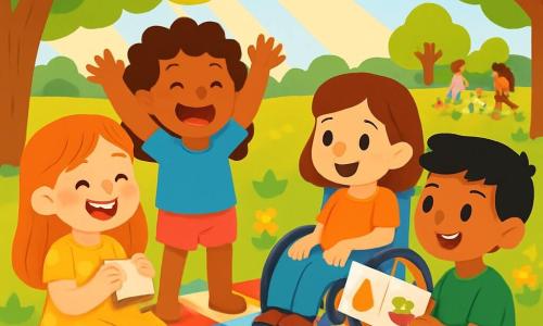 Es gibt vier Kinder: - Emma: ein 8-jähriges Mädchen mit langen roten Haaren und Sommersprossen. Sie trägt ein gelbes Kleid mit Punkten und lächelt fröhlich. Sie sitzt auf einer Picknickdecke und hält ein Sandwich in den Händen. - Sophie: ein 7-jähriges Mädchen mit lockigen braunen Haaren und heller Haut. Sie trägt ein blaues T-Shirt und eine rosa Shorts. Sie steht neben Emma, lacht und hebt die Arme in die Luft. - Mia: ein 8-jähriges Mädchen mit kastanienbraunen Haaren und heller Haut. Sie sitzt in einem kleinen blauen Rollstuhl, umgeben von bunten Decken. Sie lächelt und schaut ihre Freundinnen mit funkelnden Augen an. - Luis: ein 9-jähriger Junge mit schwarzen Haaren und dunkler Haut. Er trägt ein grünes T-Shirt und eine beigefarbene Shorts. Er sitzt gegenüber von Mia und zeigt ihr mit einem breiten Lächeln spanische Wörter. Die Hauptsituation spielt in einem sonnigen Park, der mit bunten Blumen und grünen Bäumen gefüllt ist. Sonnenstrahlen filtern durch die Blätter und schaffen tanzende Schatten auf dem Gras. In der Ferne sind Kinder zu sehen, die Fußball spielen, und Familien, die unter anderen Bäumen picknicken. Die Hauptsituation der Geschichte zeigt die vier Kinder, die ein fröhliches Picknick teilen, spanische Wörter lernen und zusammen spielen. Sie lachen und haben Spaß, was die Freundschaft und Toleranz untereinander trotz ihrer Unterschiede veranschaulicht. Die leuchtenden Farben der Kleidung und Blumen verleihen der Szene eine fröhliche und einladende Atmosphäre.
