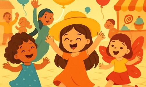 Er zijn 4 kinderen: - Lina: een meisje van 6 jaar, met lang bruin haar en een grote gele hoed. Ze danst vrolijk in het midden van de afbeelding, met haar armen omhoog. - Noor: een meisje van 5 jaar, in een mooie blauwe jurk met krullend haar. Ze draait rond links van Lina, met een grote glimlach op haar gezicht. - Mila: een meisje van 7 jaar, met glanzende rode vleugels en steil haar. Ze springt rechts van Lina, met haar armen open alsof ze vliegt. - Yara: een meisje van 6 jaar, met een lange groene staart en gevlochten haar. Ze staat achter Lina, haar hand opheffend om de grote, glinsterende ballon die boven hen zweeft te groeten. De locatie is een levendig plein, versierd met kleurrijke slingers en zwevende ballonnen. De vloer is geplaveid met stenen en in de achtergrond zijn eetkraampjes met kleurrijke lekkernijen zichtbaar. Mensen dansen en hebben plezier om hen heen, wat een feestelijke sfeer creëert. De belangrijkste situatie toont de kinderen die samen dansen, lachend en zingend, omringd door felle kleuren en muziek, terwijl ze het carnaval vieren met stralende glimlachen.