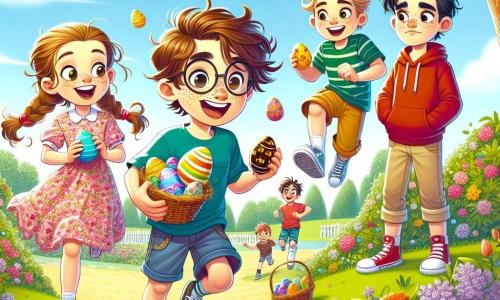 In un parco soleggiato, quattro amici sono riuniti per una caccia alle uova di Pasqua. Luca, un ragazzo di otto anni con capelli castani e un grande sorriso, indossa una maglietta blu e pantaloni gialli, saltando di gioia con un uovo di cioccolato in mano. Giulia, una ragazza di otto anni con lunghi capelli biondi e occhiali rotondi, indossa un vestito rosa a fiori e si piega per raccogliere un uovo nascosto dietro un albero. Marco, un ragazzo di otto anni con capelli neri e lentiggini, è vestito con una maglietta verde e pantaloni beige, e corre verso i suoi amici ridendo con un uovo colorato in mano. Samuele, un ragazzo di otto anni con capelli castani e un sorriso caloroso, indossa una felpa rossa e jeans, osservando i suoi amici con uno sguardo felice. Il parco è pieno di fiori colorati, alberi maestosi e risate di bambini. Il cielo è blu brillante con alcune nuvole bianche. Al centro di questa scena gioiosa, gli amici danzano e saltano come piccoli conigli, cercando uova nascoste e divertendosi insieme.