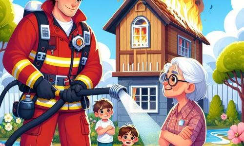 Um bombeiro chamado João, forte e corajoso, veste um uniforme vermelho brilhante e um capacete. Seu rosto expressa determinação enquanto usa uma mangueira grande para apagar um incêndio. Ao seu lado, Dona Maria, uma mulher idosa de cerca de 70 anos, com cabelos grisalhos e óculos, observa com preocupação, de braços cruzados, diante de sua casa em chamas. Um menino chamado Lucas, de 8 anos, com cabelos castanhos e olhos brilhantes, assiste à cena com admiração, sonhando em se tornar bombeiro também. A cena ocorre diante de uma casa de madeira, com o telhado pegando fogo, cercada por jardins floridos e árvores verdes. A fumaça sobe no céu azul, enquanto crianças curiosas se mantêm à distância, observando com fascinação. A situação principal mostra João lutando contra o fogo com coragem, enquanto Dona Maria expressa alívio e Lucas sonha em se tornar um herói como ele.