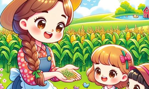 Clara, una agricultora sonriente de unos treinta años, lleva un vestido de flores y un sombrero de paja, y muestra con entusiasmo semillas de maíz a los niños. Sus ojos brillan de alegría y tiene el cabello castaño recogido en una bonita trenza. Junto a ella, una niña de unos 7 años con un vestido rojo y trenzas mira las semillas con asombro. Un niño de 8 años, con una gorra azul, se acerca a una vaca negra y suave, a la que acaricia con una gran sonrisa. La escena transcurre en un campo verde, bañado por un sol radiante, rodeado de flores coloridas y altas plantas de maíz que se mueven suavemente con el viento. Al fondo, se ve un bonito estanque donde los patos nadan tranquilamente. Clara explica a los niños cómo las pequeñas semillas pueden convertirse en grandes plantas, mientras ríen y disfrutan descubriendo la magia de la granja.