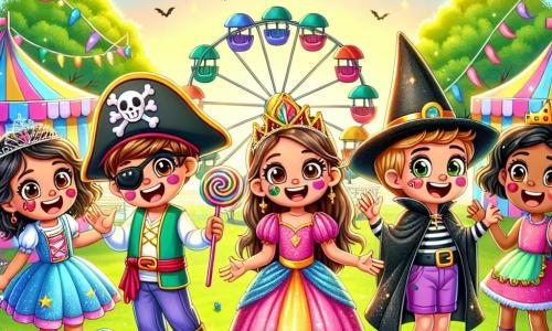 In un parco soleggiato, quattro bambini si divertono insieme. Leo, un ragazzo di 8 anni con capelli castani e occhi brillanti, indossa un costume da pirata con un grande cappello e una spada di plastica. È al centro, sorridente, con una maschera colorata che brilla. Alla sua sinistra, Mia, una ragazza di 7 anni, è travestita da principessa con un vestito rosa scintillante e una corona dorata, alza le braccia ridendo. A destra, Giulia, una bambina di 6 anni, indossa un costume da maghetta con un mantello nero e un cappello a punta, fa gesti magici con una bacchetta. Infine, Marco, un ragazzo di 7 anni, vestito da clown con un naso rosso e abiti multicolori, gioca felice con dei palloni. 

Il parco è decorato con festoni colorati, palloni fluttuanti e stand di dolci, creando un'atmosfera festosa e gioiosa. Sullo sfondo, una grande ruota panoramica colorata gira lentamente, aggiungendo magia al carnevale. 

I bambini si preparano a salire su una bellissima giostra magica, circondati da risate e musica, mentre coriandoli cadono dolcemente attorno a loro, rendendo questo momento ancora più incantevole.