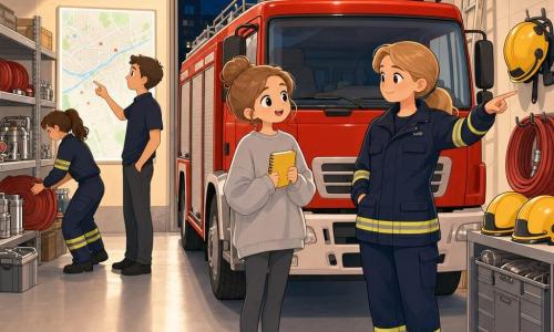 Donna 22 anni, volto curioso e sorridente, occhi brillanti, grande felpa grigia e sneakers bianche, tiene un piccolo taccuino giallo davanti a un brillante camion dei pompieri rosso; donna circa 38 anni, caposquadra Martina, espressione calma e sicura, divisa da pompiere blu scuro con bande riflettenti, indica un elmetto giallo appeso al muro a destra del camion; uomo circa 30 anni, operatore radio concentrato, camicia semplice, guarda una grande mappa illuminata appesa al muro; due pompieri secondari (uomo e donna) sullo sfondo piegano lance rosse e controllano attrezzi metallici su uno scaffale; interno della caserma: grande garage, muri in cemento chiaro, pavimento liscio e pulito, illuminazione calda, elmetto giallo, manichette rosse arrotolate, armadio metallico, scala appoggiata al muro; situazione principale: notte tranquilla di orientamento, la giovane osserva stupita i pompieri organizzati intorno al camion rosso, atmosfera ordinata e rassicurante, colori vivaci e forme semplici in stile kawaii minimal.