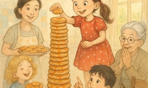Una bambina di circa 8 anni, occhi vivaci e sorriso malizioso, capelli castani in code, in abito rosso a pois in piedi su uno sgabello mentre posa l'ultimo grande biscotto in cima a una torre a spirale di biscotti un po' traballante ma stabile, mani appiccicose di marmellata; la cugina Lara di circa 6 anni, bionda e riccia, con camicetta blu, ride tenendo un piatto di biscotti a sinistra; il fratellino Giò di circa 5 anni, capelli neri arruffati e maglietta verde, conta gli strati accovacciato davanti al tavolo; la mamma, circa 35 anni, capelli raccolti e grembiule a fiori, sorride tenendo una teglia di biscotti caldi dietro la bambina; la nonna di circa 70 anni, capelli grigi in chignon e occhiali rotondi, seduta a destra con la mano vicino alla bocca e uno sguardo tenero; il gatto tigrato Tito sul tavolo annusa i biscotti; cucina luminosa e accogliente con tavolo di legno chiaro coperto di briciole, vasetti di marmellata aperti, piastrelle colorate e raggi di sole dalla finestra; atmosfera gioiosa e complice, dettagli di marmellata lucente sui biscotti.