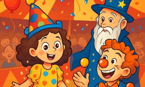 Ein 8-jähriges Mädchen, Lotte, mit großen, leuchtenden Augen und lockigem Haar trägt ein bunt gepunktetes Kleid und einen Clownshut. Sie ist überrascht und fröhlich, steht im Mittelpunkt der Bühne, umgeben von funkelnden Lichtern. Neben ihr lacht der schelmische Clown, ein Mann in seinen Dreißigern mit einer roten Nase und zerzausten Haaren, während er mit bunten Bällen jongliert. Im Hintergrund beobachtet der Zauberer Zampano, ein älterer Mann mit einem langen weißen Bart und einem glitzernden Anzug, mit einem wohlwollenden Lächeln. Der Ort ist ein großes Zirkuszelt mit roten und weißen Streifen, gefüllt mit begeisterten Zuschauern. Luftballons schweben und Konfetti fällt sanft. Die Hauptsituation zeigt Lotte, die etwas zögerlich, aber voller Energie gerade über die Bühne gestolpert ist und die Aufmerksamkeit aller auf sich zieht, während die Clowns und der Zauberer sie ermutigen, am Spektakel teilzunehmen.