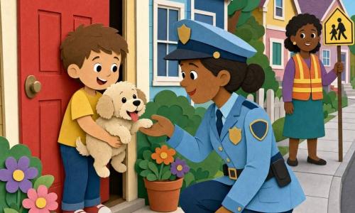 A smiling, gentle policewoman in a light-blue coat and matching cap kneels and reaches toward a small beige fluffy puppy while a six-year-old boy with short brown hair in a yellow t-shirt hugs the puppy outside his house, relieved and happy; the puppy wags its tail with its tongue out against the officer’s hand; in the background a female colleague holds a school crossing sign on the right sidewalk; the colorful neighborhood has pastel houses, gray sidewalks, an open small red door and potted flowers; the main scene shows the officer returning the puppy to the boy in a warm, reassuring moment with clean details, simple shapes, soft contrasts and paper-cut edges.