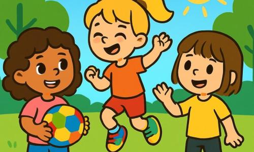 Es gibt 3 Charaktere: - Mila: ein 7-jähriges Mädchen mit braunen, lockigen Haaren, das ein rosa T-Shirt und eine blaue Shorts trägt. Sie hält einen bunten Fußball und lächelt fröhlich. - Emma: ein 6-jähriges Mädchen mit blonden, zu einem Pferdeschwanz gebundenen Haaren, das mehrfarbige Sportschuhe trägt. Sie springt vor Energie auf der Stelle. - Lilli: ein 7-jähriges Mädchen mit kastanienbraunen Haaren und einem Pony, das ein gelbes T-Shirt und schwarze Hosen trägt. Sie winkt und ist bereit zu spielen. Die drei Mädchen befinden sich auf einem grünen Fußballfeld, umgeben von grünen Bäumen und einem strahlend blauen Himmel. Die Sonne scheint und schafft eine fröhliche, helle Atmosphäre. Die Mädchen sind aufgeregt und bereit, zusammen Fußball zu spielen, lachen und ermutigen sich gegenseitig in einem Moment puren Glücks.