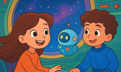 Una giovane donna di nome Mira, con lunghi capelli castani e un sorriso radioso, è seduta nel cockpit della sua navetta spaziale, il Girasole. Guarda con meraviglia attraverso un grande oblò, i suoi occhi brillanti di curiosità e gioia. Accanto a lei, un piccolo modulo spaziale, con luci lampeggianti e una forma rotonda, emette un bip dolce e rassicurante. Nella stanza, Amal, un ragazzo di circa 10 anni, si trova vicino a una console di controllo. Ha i capelli ricci e indossa una tuta spaziale blu. Sorride con orgoglio osservando Mira e il modulo, pronto ad aiutarli. Il cockpit del Girasole è pieno di luci colorate e pulsanti scintillanti. Stelle brillano all'esterno, creando uno sfondo magico di colori vivaci e nebulose. Mira e Amal lavorano insieme per riparare il modulo, creando un'atmosfera di avventura e amicizia. I loro volti sono illuminati dalla luce delle stelle mentre ascoltano attentamente i suoni del cosmo.
