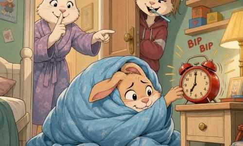 Pienk, een klein antropomorf konijntje met grote slappe oren en beige-roze vacht, ronde glanzende ogen, ondeugend en licht beschaamd, opgerold als een burrito in een groot hemelsblauw dekbed met alleen neus en ogen zichtbaar en klem tegen de grond bij een nachtkastje; Mama Konijn, een ronde zachte volwassen voedster met crèmevacht en vriendelijke glimlach, staat in de deur en wijst zacht naar de wekker terwijl ze "sst" doet; Lotte, de grote zus in stripstijl met paardenstaart en een bespoten glimlach, tandenborstel in de mond, half in de deurpost lachend naar Pienk; op het nachtkastje een felrode analoge wekker die helt en geluidsgolven uitzendt en knippert "BIP BIP"; kinderkamer met mintgroene pastelkleurige muren, houten plank met kleurige boeken en stapelblokken, verfrommeld dekbed en een sok op de grond, warme lamplicht voor een knusse sfeer; hoofdscène is een komisch teder moment waarin het burritokonijntje de wekker probeert uit te zetten terwijl de moeder binnenkomt en de zus lacht; middellange compositie, zachte kleuren met duidelijke contrasten, scherpe lijnen, lichte schaduwen, pastelverzadigde palette en zichtbare stoftextuur op het dekbed voor een warme grappige uitstraling.