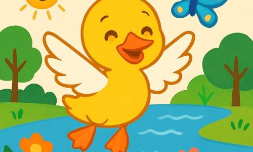 Un pequeño pato amarillo brillante llamado Plumita, con plumas suaves y brillantes, agita alegremente sus grandes alas blancas, sonriendo, flotando sobre un lago resplandeciente. A su lado, una mariposa azul deslumbrante, con alas delicadas y patrones dorados, vuela con gracia, animándolo a explorar. El lago está rodeado de árboles verdes exuberantes y flores coloridas bordean sus orillas, creando un paisaje encantador. En esta escena mágica, Plumita se eleva en el aire, descubriendo la belleza del mundo, mientras el sol brilla y la suave brisa acaricia sus plumas.
