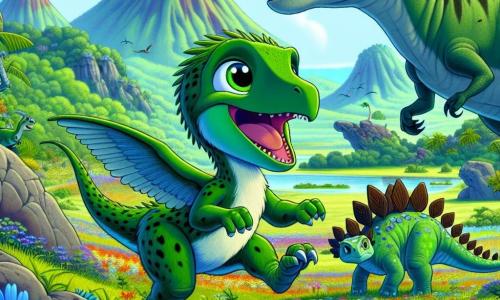 Un velociraptor llamado Rápido, con plumas verdes y ojos brillantes, muestra gran curiosidad y emoción mientras explora un paisaje prehistórico. Corre alegremente a través de un campo de flores coloridas, levantando pétalos multicolores con sus patas ágiles. A su lado, un bebé estegosaurio llamado Espina, con espinas en la espalda y una mirada triste, se encuentra cerca de una gran roca, buscando a su mamá. En el fondo, una mamá estegosaurio masiva, con piel verde y ojos dulces, se inclina para consolar a su pequeño. El escenario es un hermoso valle lleno de volcanes dormidos, grandes árboles verdes y un cielo azul brillante, creando una atmósfera de aventura y descubrimiento. La situación principal muestra a Rápido y sus amigos uniendo fuerzas para ayudar a Espina a encontrar a su mamá, ilustrando la importancia de la amistad y la solidaridad.