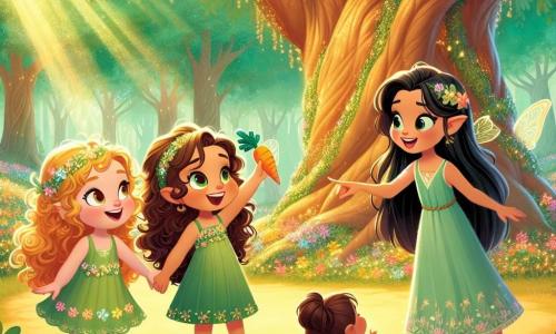 In an enchanted clearing, three girls stand together, ready for adventure. Lily, an 8-year-old with curly golden hair, wears a green dress adorned with flowers and smiles enthusiastically, arms raised as if inviting exploration. Mia, a 9-year-old with sparkling eyes and brown hair, leans forward holding a carrot in one hand, with a mischievous look on her face. Zara, the oldest at 10, has long black hair and wears a blue tunic. She stands tall with a determined expression, pointing towards a majestic tree in the center of the clearing. The scene is bathed in golden light, with trees having shimmering leaves and colorful flowers dancing in the breeze. The large tree, Eldergrove, has a wide, gnarled trunk and leaves that seem to whisper secrets. The main situation shows the girls surrounded by light, laughing and playing, while a mischievous sprite, Gloomy, stands aside holding a glowing crystal, his face a mix of curiosity and hesitation.